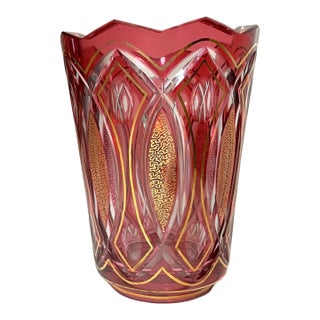Antique Bohemian Czech Ruby Red Cut to Clear Gilded Gold Art Glass Crystal Vase For Sale