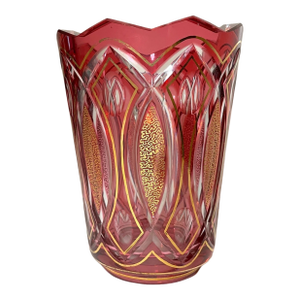 Antique Bohemian Czech Ruby Red Cut to Clear Gilded Gold Art Glass Crystal Vase
