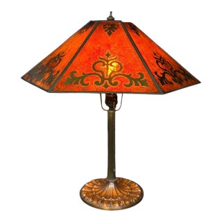 Antique 1910s Edward Miller Table Lamp With Original Copper Finish, 1920s Orange and Gold Mica Shade With Rewired Pullchain Socket For Sale