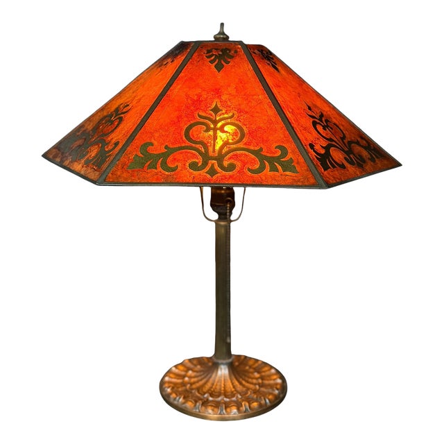 Antique 1910s Edward Miller Table Lamp With Original Copper Finish, 1920s Orange and Gold Mica Shade With Rewired Pullchain Socket For Sale