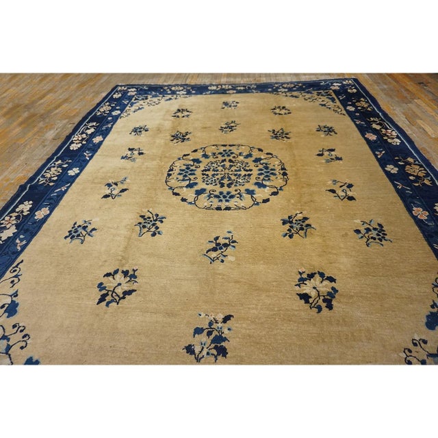 1920s Antique Ivory Field Floral Wool Knotted Chinese Peking Rug 9' 1"x 11' 9" For Sale - Image 4 of 10