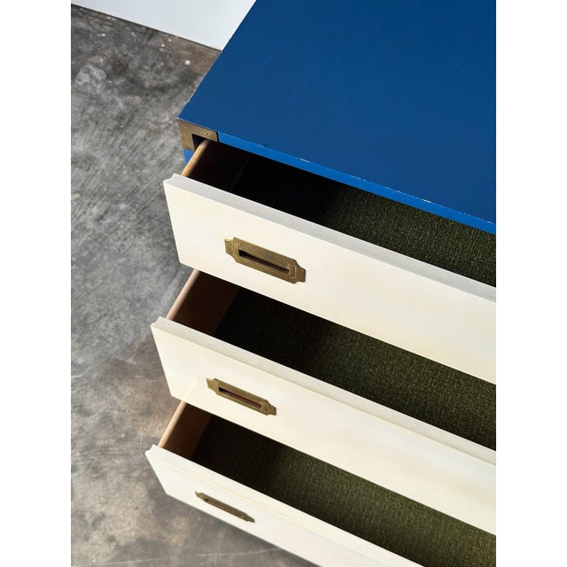 Blue & White Lacquered Campaign Chest of Drawers With Brass Hardware, 1970s For Sale - Image 14 of 17
