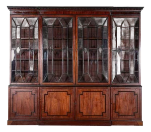 Irish Georgian Ebonised Mahogany and Astral Glazed Breakfront Bookcase, 1790s