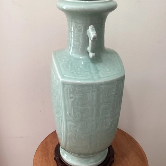 Early 20th Century Antique Big & Heavy Celadon Glazed Crackle Porcelain Double Ear Vase Marked With Stand For Sale - Image 5 of 12
