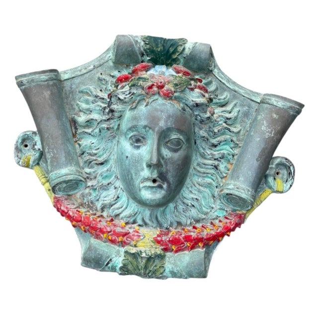 Traditional Vintage Classical Bronze & Polychrome Water Fountain Mask For Sale - Image 3 of 12