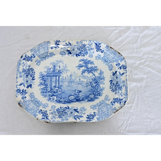 A fantastic 19th century English (circa 1840) blue & white transfer printed serving platter in elongated octagon form,...