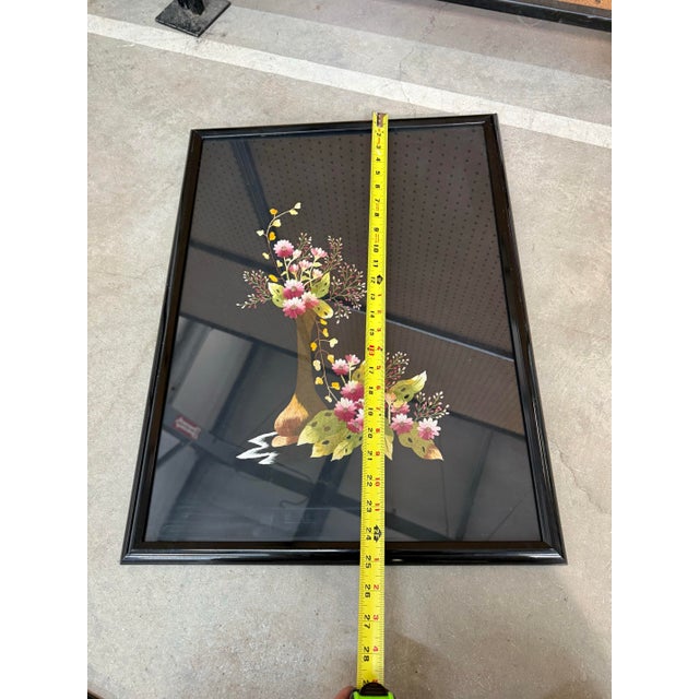 Vintage Asian Needlepoint on Black Silk Hand Made Floral Art Framed 25x19 For Sale - Image 4 of 5