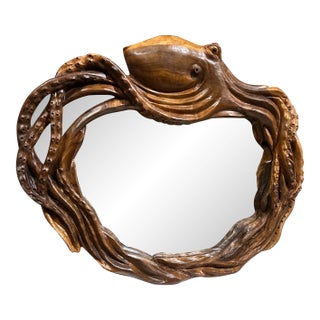 1970s Large Octopus Mirror Hand Carved Wood For Sale