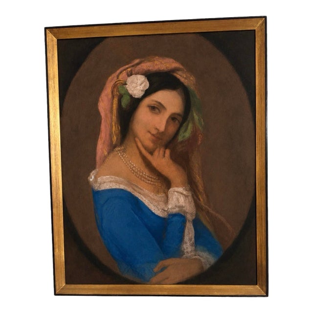 Early 20th Century After François Delarue “Señorita in Blue” Pastel Portrait Under Glass For Sale