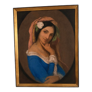 Early 20th Century After François Delarue “Señorita in Blue” Pastel Portrait Under Glass