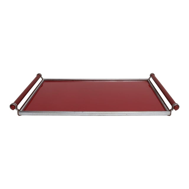American Art Deco Chrome, Glass, Red Laminate and Painted Wood Tray For Sale