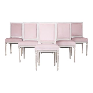Antique French Louis XVI Style Painted Square Back Dining Chairs W/ Blush Pink Velvet - Set of 6 For Sale