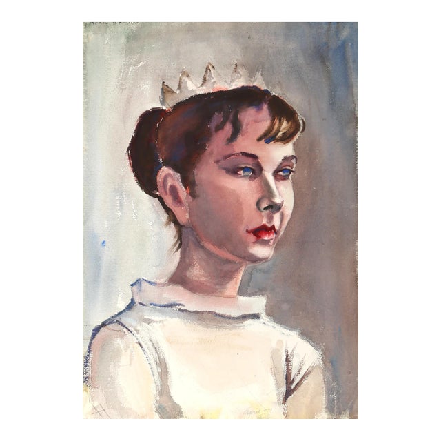 1950s "Portrait of a Girl Wearing a Crown P6.35" Watercolor Painting by Eve Nethercott For Sale