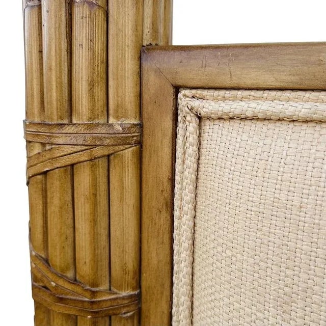 Bamboo Queen Poster Bed with Steel Canopy and Cream Linen Fabric For Sale - Image 4 of 11