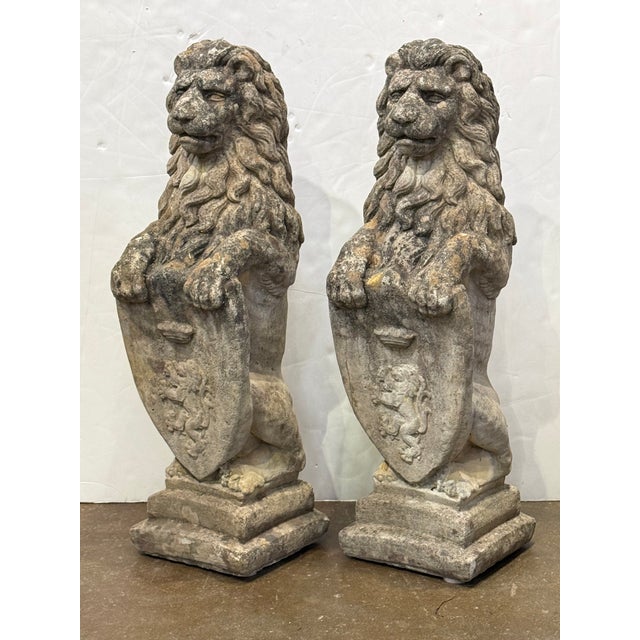 Early 20th Century Pair of Cast Stone Armorial Lion Garden Statues From England - Two Available For Sale - Image 5 of 15