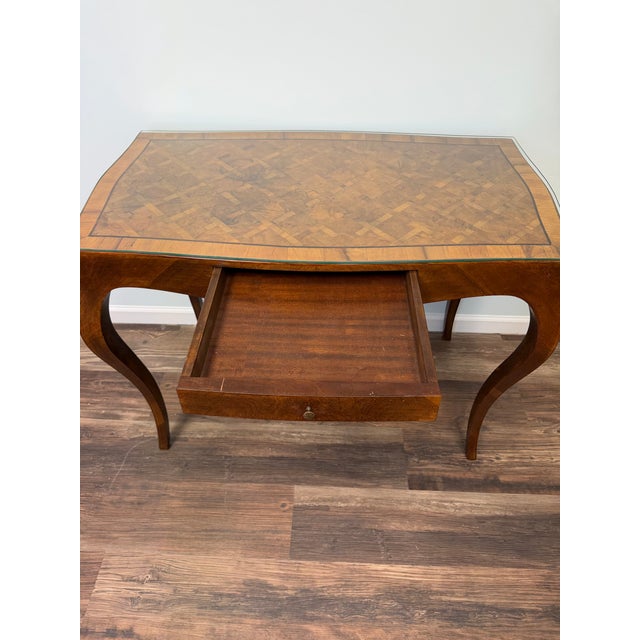 Mid 20th Century Vintage Italian Burl Wood Writing Desk With Parquetry Top & Cabriole Legs For Sale - Image 5 of 8
