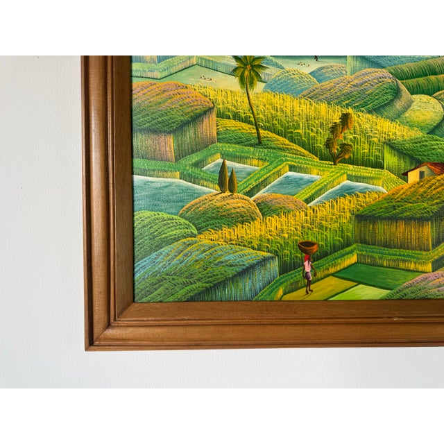 Wood 1990's Vintage Haitian Folk Art Landscape Oil Painting by Camille Torchon For Sale - Image 7 of 11