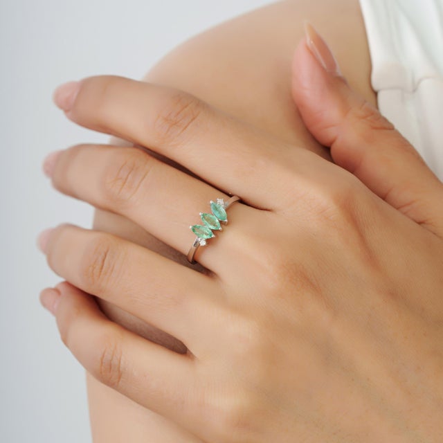 Handmade Three Stone Marquise Emerald & Diamond Ring in 925 Silver Size 7.5 For Sale - Image 9 of 13
