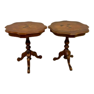Vintage Italian Style Marquetry Inlaid Burr Hardwood End or Side Tables - Pair
