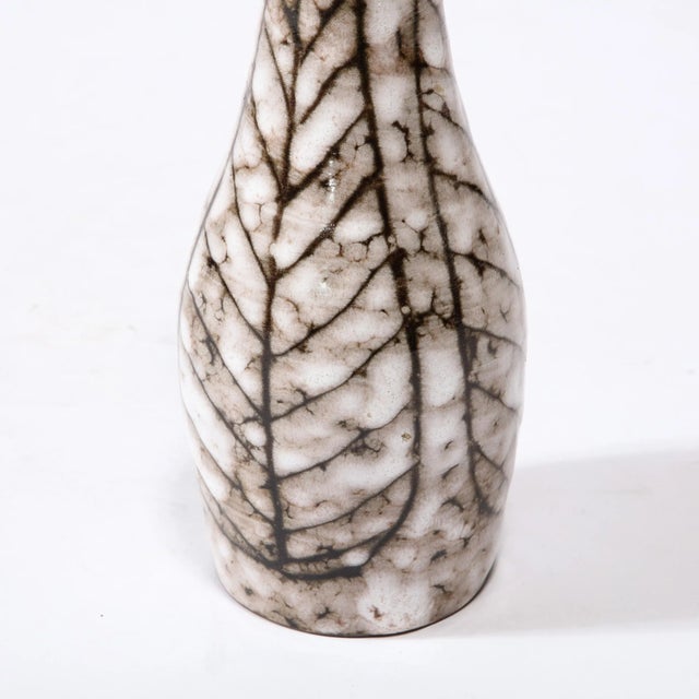 Mid-Century Modernist White and Earth Toned Tapered Ceramic Vase With Leaf Motif For Sale - Image 12 of 13