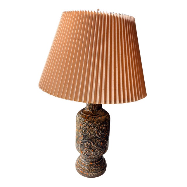 1960s-1970s West German Fat Lava Ceramic Table Lamp, Applied Scroll Relief, Volcanic Drip Glaze in Brown, Black and Orange For Sale - Image 4 of 12