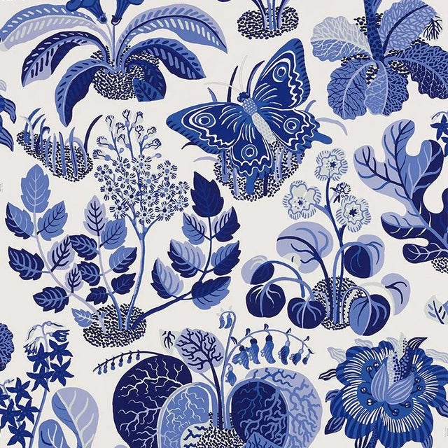 Sample - Schumacher Exotic Butterfly Luxe Wallpaper in Marine Blue For Sale