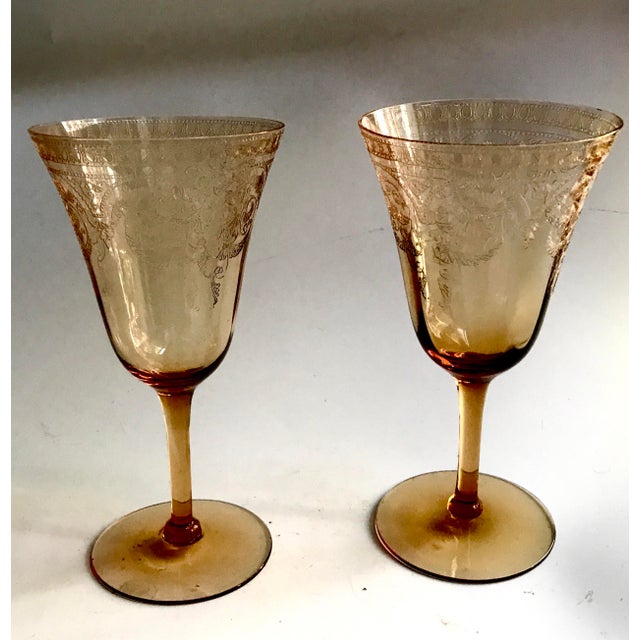Morgantown Glass Antique Needle Etch Amber Crystal Glasses - Set of 4 For Sale - Image 4 of 8
