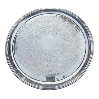 Vintage Floral Engraved Silverplate Serving Tray, Attributed to Goldfeder -17 Inches For Sale