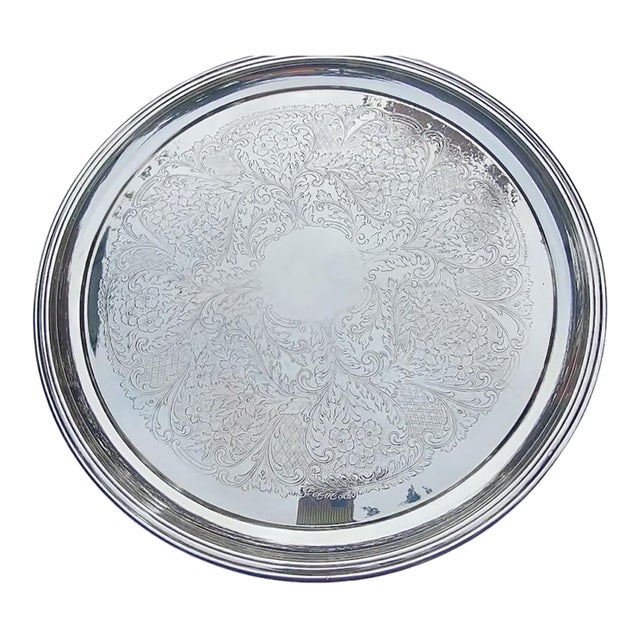Vintage Floral Engraved Silverplate Serving Tray, Attributed to Goldfeder -17 Inches For Sale