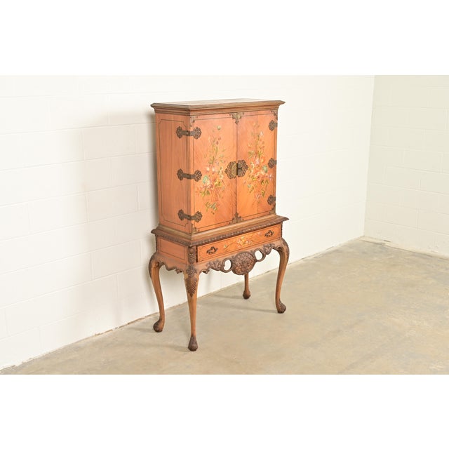 Berkey & Gay Berkey & Gay Style Antique Georgian Carved Satinwood Hand Painted Bookcase or Bar Cabinet, Circa 1920s For Sale - Image 4 of 13