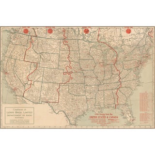 Map of US and Canada and Cuba and Mexico Stations and Frequencies, 1930s For Sale