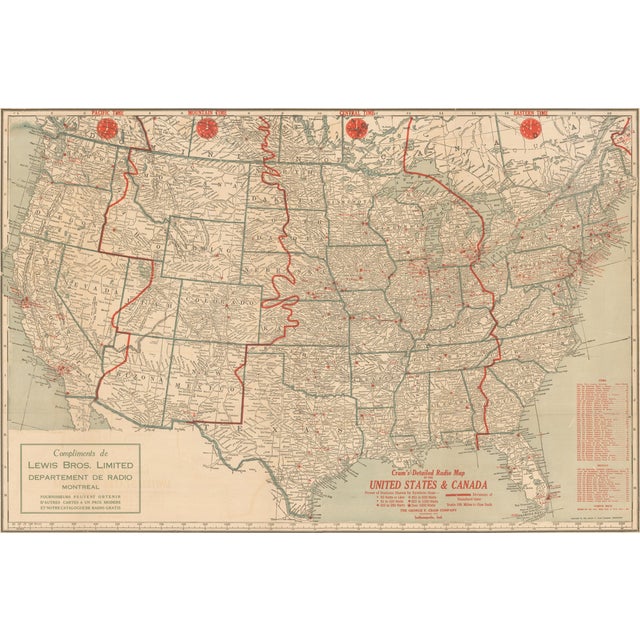 Map of US and Canada and Cuba and Mexico Stations and Frequencies, 1930s For Sale