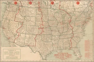 Map of US and Canada and Cuba and Mexico Stations and Frequencies, 1930s