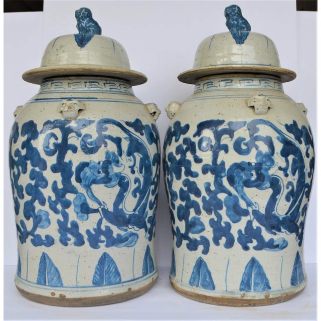 Large Chinoiserie Blue and White Scroll and Leaf Ginger Jars, a Pair For Sale In Houston - Image 6 of 6