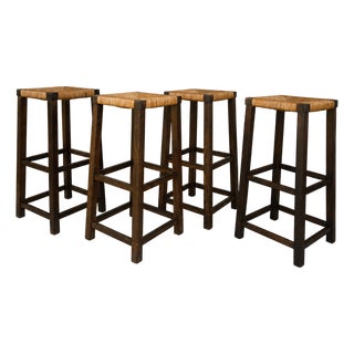 1960s Dutch Mid-Century Modern Oak and Rush Bar Stools, Set of Four, 31.5" H For Sale