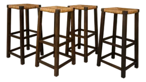 1960s Dutch Mid-Century Modern Oak and Rush Bar Stools, Set of Four, 31.5" H