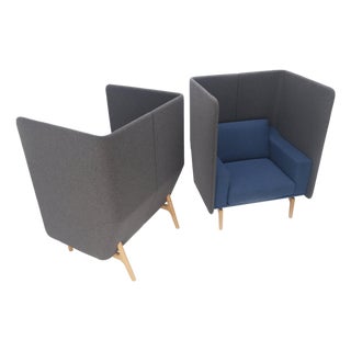Pair Mid Century Modern Wingback Lounge Chairs Blue Grey Wool Upholstery MINT! For Sale