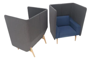 Pair Mid Century Modern Wingback Lounge Chairs Blue Grey Wool Upholstery MINT!