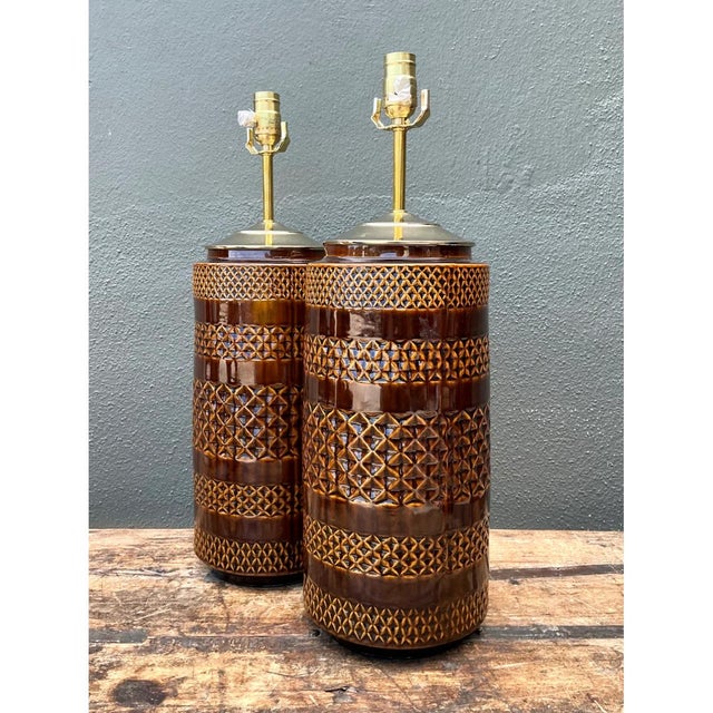 Vintage Geometric Pattern Ceramic Lamps - a Pair For Sale - Image 10 of 12