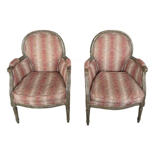 Pair of Petit Antique Chairs With Brocade Rose Colored Striped Fabric For Sale