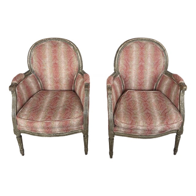 Pair of Petit Antique Chairs With Brocade Rose Colored Striped Fabric For Sale