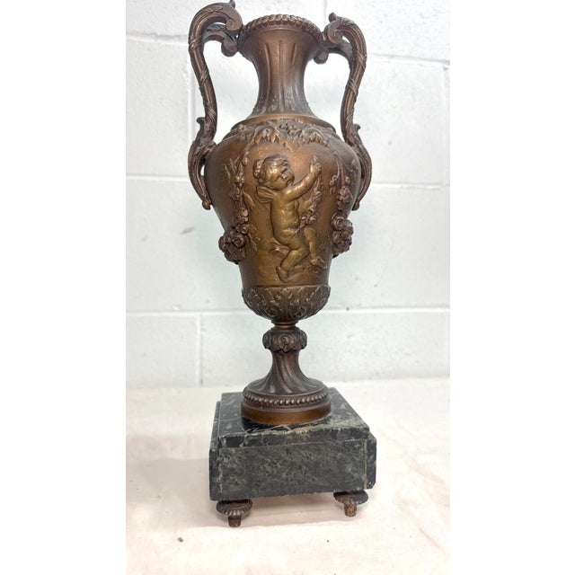 Bronze Antique Ornate Bronze Patinated Marble Victorian Ewer Mantle Garniture Vase For Sale - Image 8 of 15