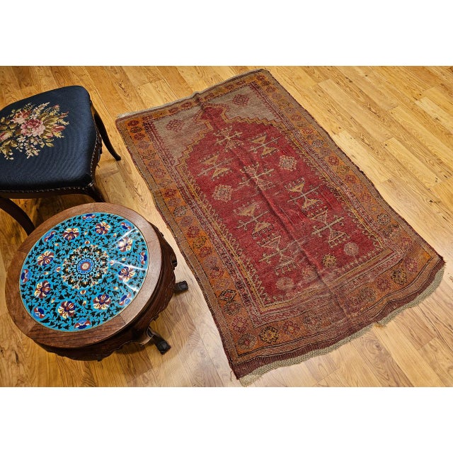 Vintage Turkish Anatolian Prayer Rug, Handwoven Wool, Early 1900s, Red, 4' x 6' For Sale - Image 4 of 13