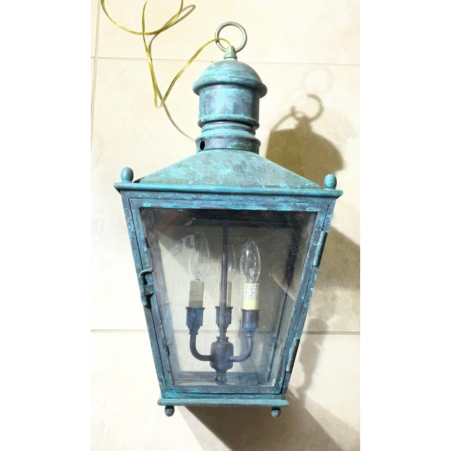 Single Vintage Brass Hanging Lantern - 12”x 12”x 24” For Sale - Image 9 of 17