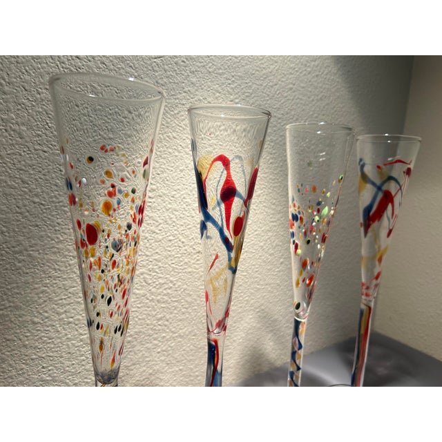 Contemporary Late 20th Century Hand Blown Art Glass Champagne Flutes - Colorful Confetti & Swirl Stem - Modern Decorative - Set of 4 For Sale - Image 3 of 5