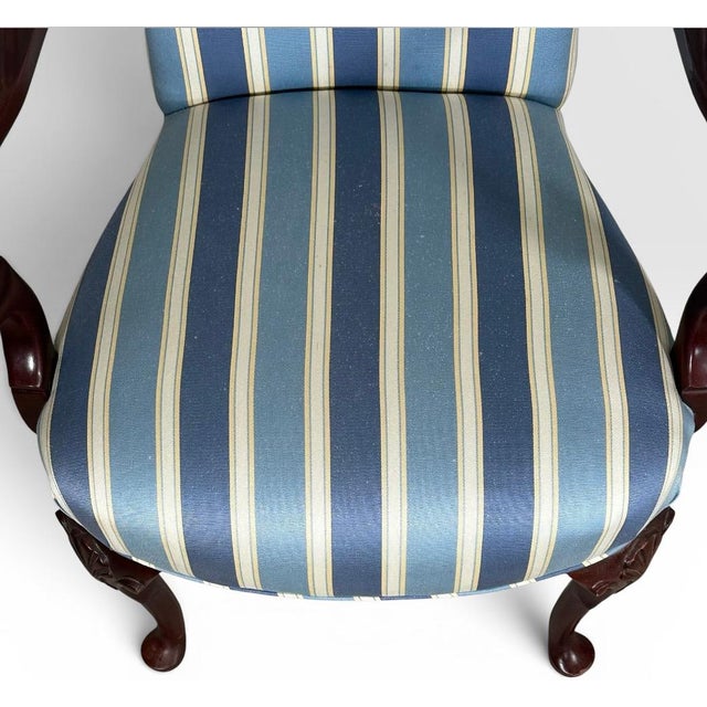Cerulean Pair of Vintage Upholstered Queen Anne Style Striped Armchairs With Shell Carving For Sale - Image 8 of 17