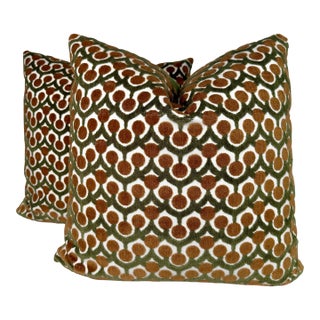 Cut Velvet in Green/Bronze 22" Pillows-a Pair For Sale