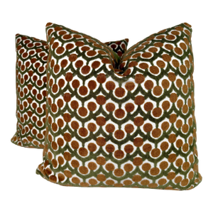 Cut Velvet in Green/Bronze 22" Pillows-a Pair