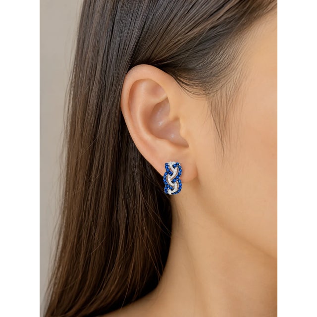 Art Deco 14K White Gold Diamond Sapphire Huggie Braided Earrings For Sale - Image 3 of 3