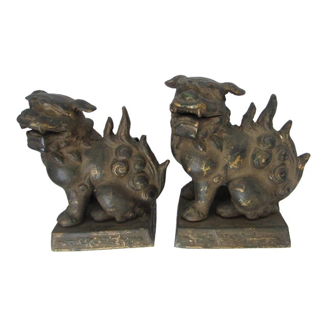 19th Century Chinese Lion Foo Dogs Bronze Bookends-a Pair For Sale